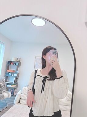 Cream Cotton Blouse with Black Ribbon Detail 🎀